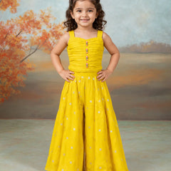 Devils N Angels Yellow Embroidered Jacket, Pleated Top & Sharara Set for Girls | Jaipur