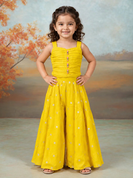 Devils N Angels Yellow Embroidered Jacket, Pleated Top & Sharara Set for Girls | Jaipur