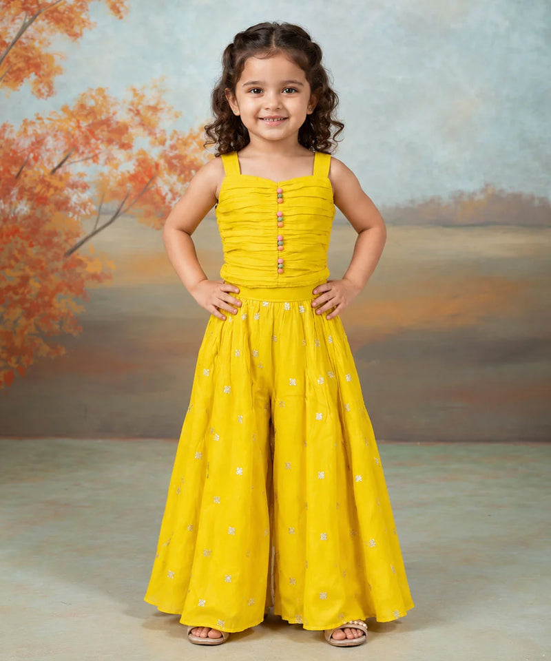 Devils N Angels Yellow Embroidered Jacket, Pleated Top & Sharara Set for Girls | Jaipur