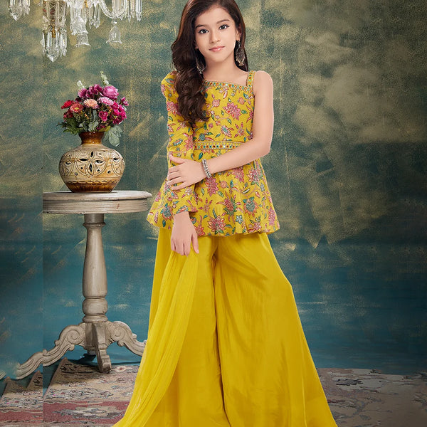 Yellow one-shoulder palazzo set for girls with floral embroidered top, Jaipur wedding style
