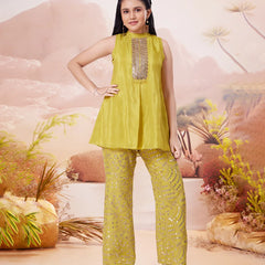 Sunshine yellow palazzo set for girls with embroidered collar and embellished pants, Jaipur wedding style
