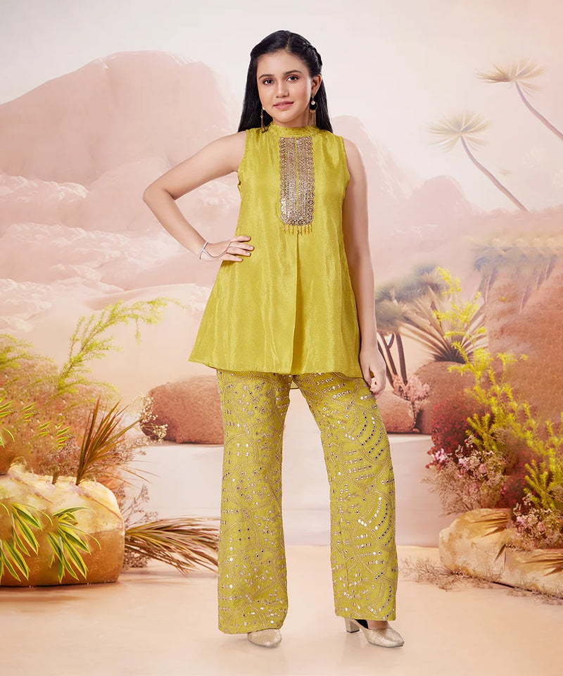 Sunshine yellow palazzo set for girls with embroidered collar and embellished pants, Jaipur wedding style