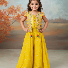 Devils N Angels Yellow Embroidered Jacket, Pleated Top & Sharara Set for Girls | Jaipur