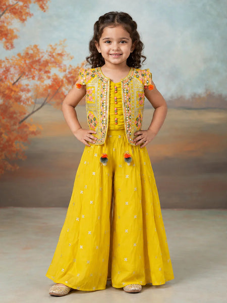 Devils N Angels Yellow Embroidered Jacket, Pleated Top & Sharara Set for Girls | Jaipur