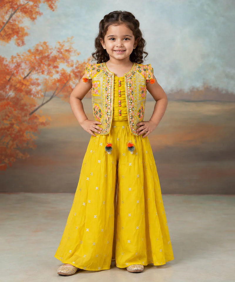 Devils N Angels Yellow Embroidered Jacket, Pleated Top & Sharara Set for Girls | Jaipur