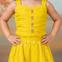 Devils N Angels Yellow Embroidered Jacket, Pleated Top & Sharara Set for Girls | Jaipur