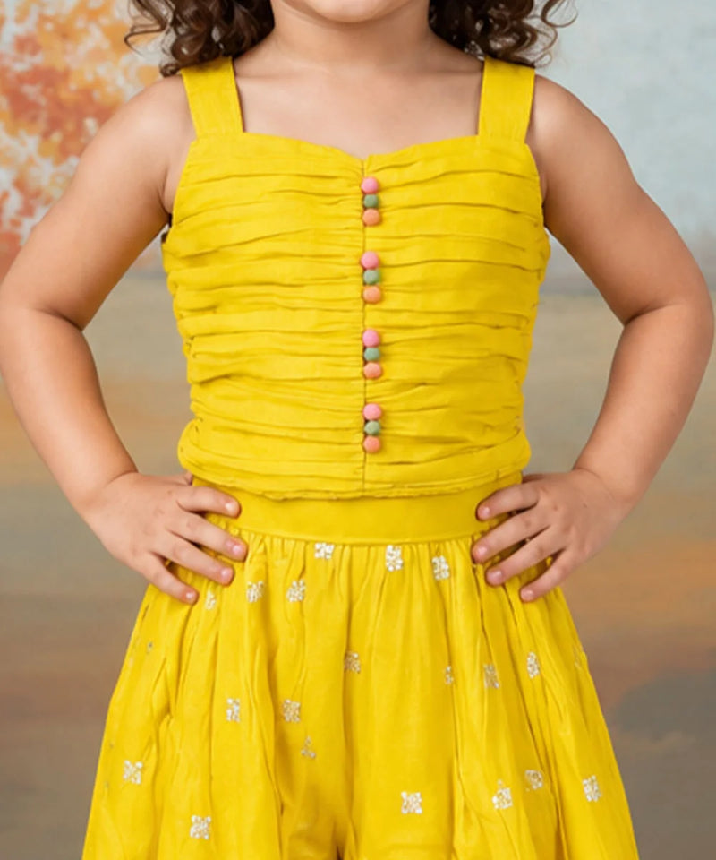 Devils N Angels Yellow Embroidered Jacket, Pleated Top & Sharara Set for Girls | Jaipur