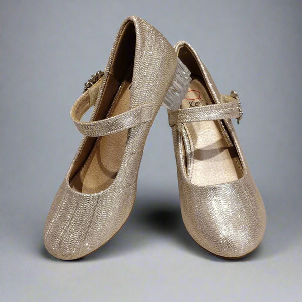 Kids' metallic gold ballerina flats featuring jeweled strap and cushioned sole, perfect for special occasions in Jaipur