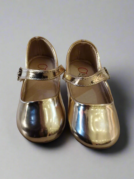 Kids' shiny gold party flats with jeweled buckle and cushioned insole, Jaipur