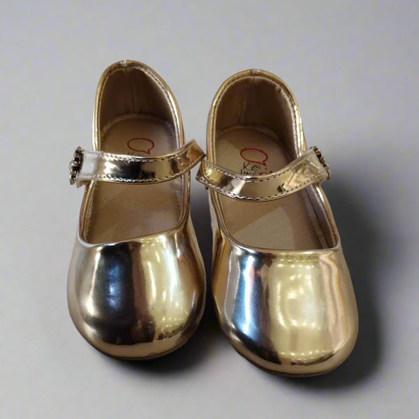 Kids' shiny gold party flats with jeweled buckle and cushioned insole, Jaipur