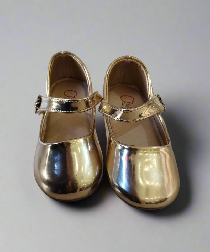 Kids' shiny gold party flats with jeweled buckle and cushioned insole, Jaipur