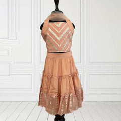 Golden thread detailed peach lehenga for baby girls, Jaipuri wedding outfit in Jaipur