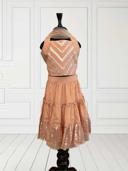 Golden thread detailed peach lehenga for baby girls, Jaipuri wedding outfit in Jaipur