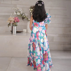 back view of blue floral print gown for girls 