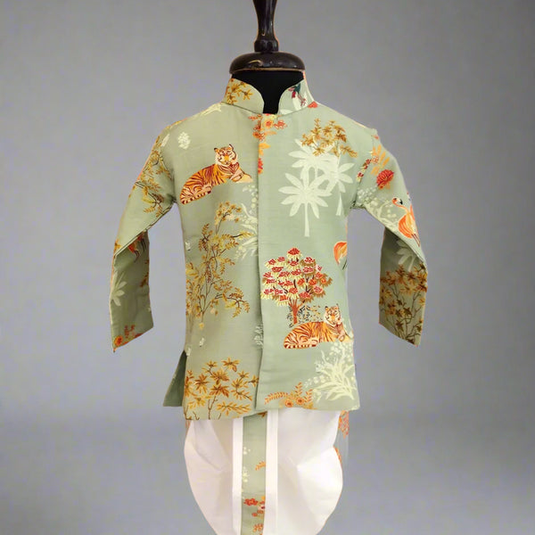 A printed green kurta with animal patterns accompanied by a white dhoti, displayed on a mannequin.