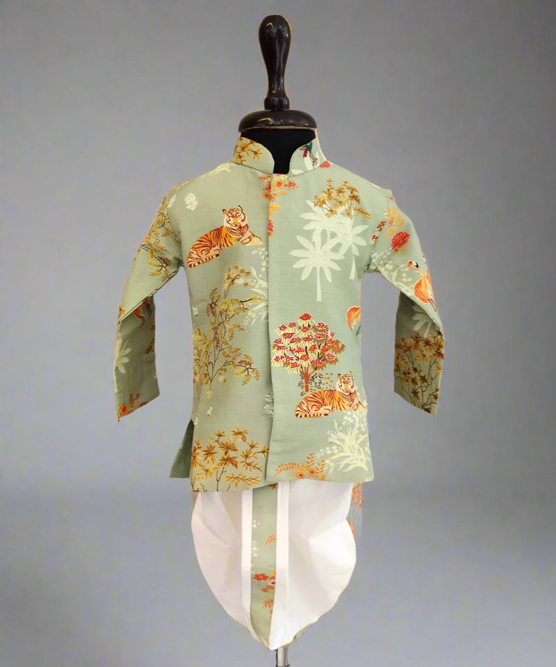 A printed green kurta with animal patterns accompanied by a white dhoti, displayed on a mannequin.