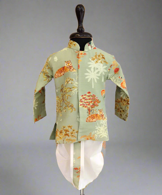 A printed green kurta with animal patterns accompanied by a white dhoti, displayed on a mannequin.