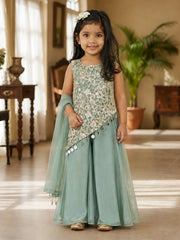 Girls' sage green embroidered kurta sharara set