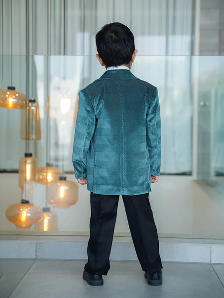 Green partywear tuxedo set for boys black pant Jaipur event