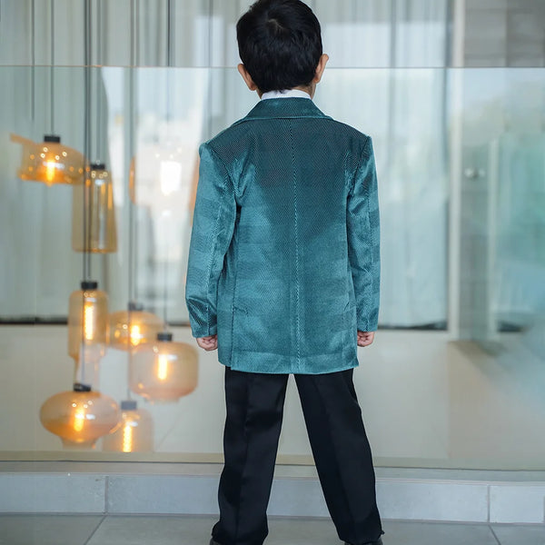 Green partywear tuxedo set for boys black pant Jaipur event