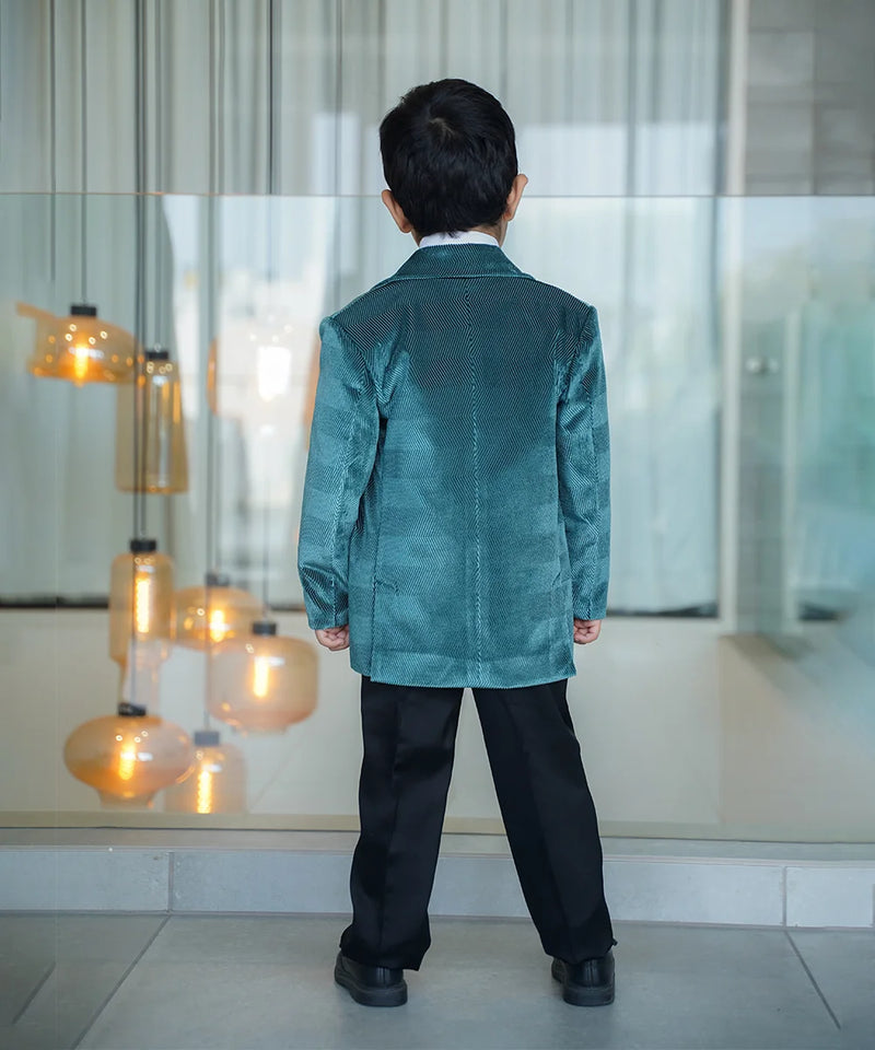 Green partywear tuxedo set for boys black pant Jaipur event