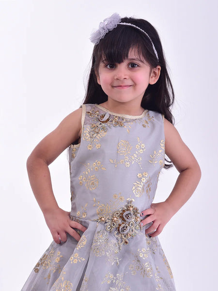 closeup for printed grey full length gown for girls 