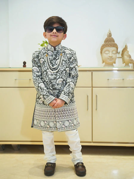 Grey self-embroidered sherwani for boys with mala, Jaipur ethnic wear