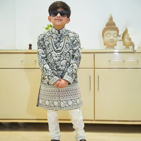 Grey self-embroidered sherwani for boys with mala, Jaipur ethnic wear