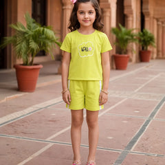 Bright green girls Co-Ord Set with hello print top and shorts in Jaipur kidswear store