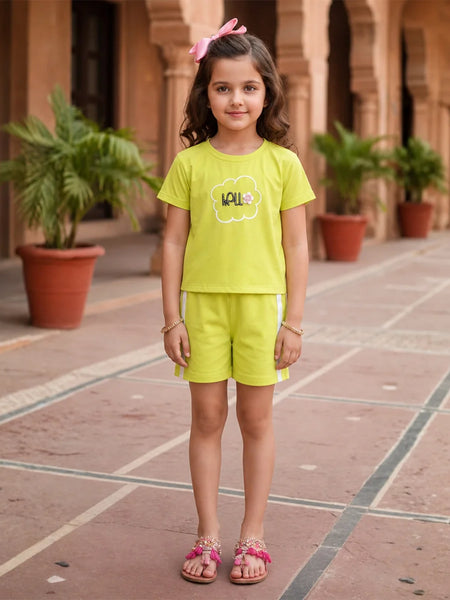 Bright green girls Co-Ord Set with hello print top and shorts in Jaipur kidswear store