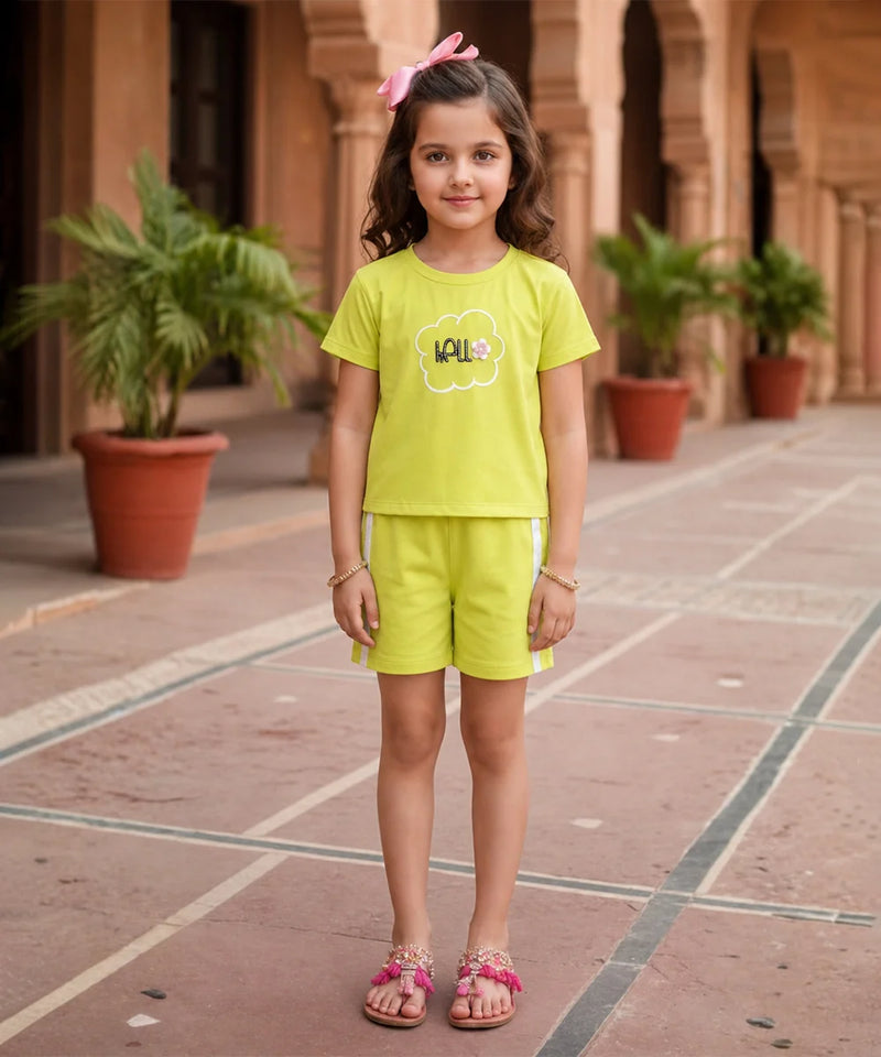 Bright green girls Co-Ord Set with hello print top and shorts in Jaipur kidswear store