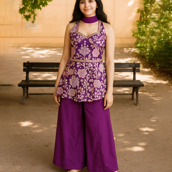 Woman wearing a purple floral top and pants standing outdoors with a bench and greenery in the background.