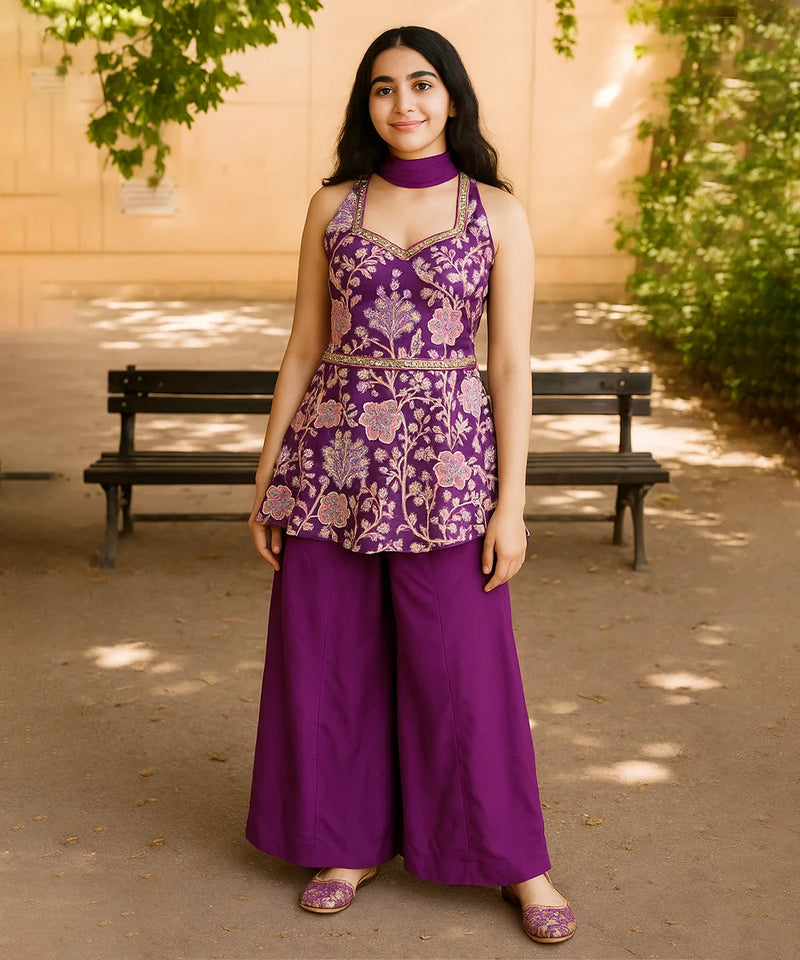 Woman wearing a purple floral top and pants standing outdoors with a bench and greenery in the background.