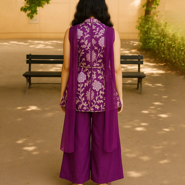 Woman wearing a purple embroidered outfit standing in a park.