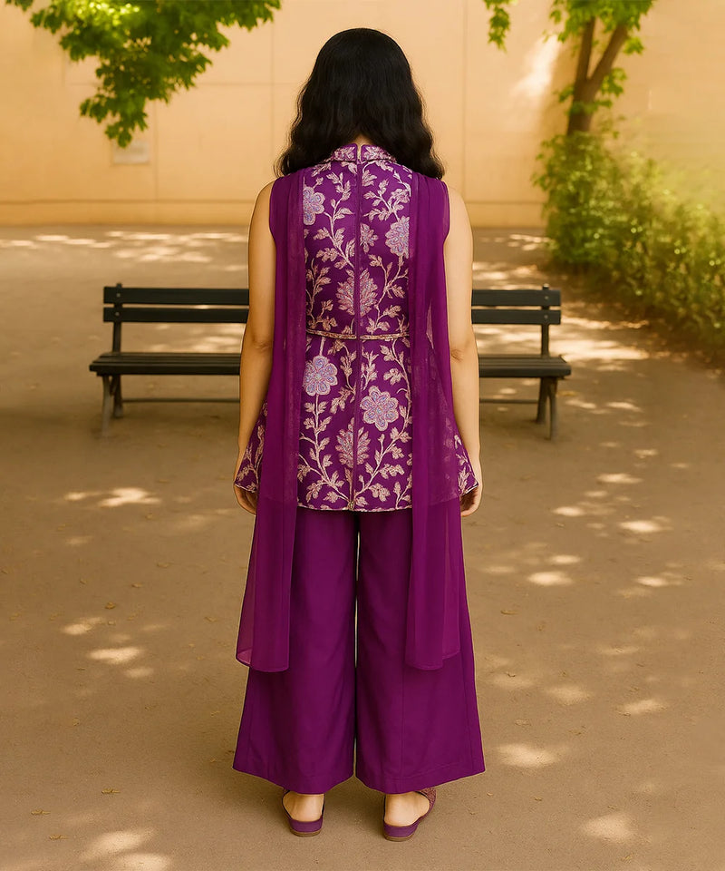 Woman wearing a purple embroidered outfit standing in a park.