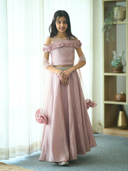 Indo western lehenga for kids in Jaipur, pastel mauve wedding set with off-shoulder blouse