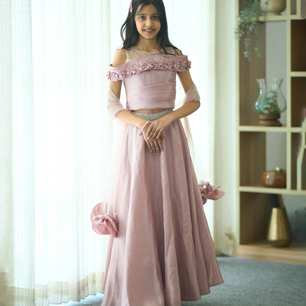 Indo western lehenga for kids in Jaipur, pastel mauve wedding set with off-shoulder blouse