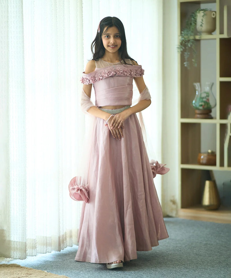 Indo western lehenga for kids in Jaipur, pastel mauve wedding set with off-shoulder blouse