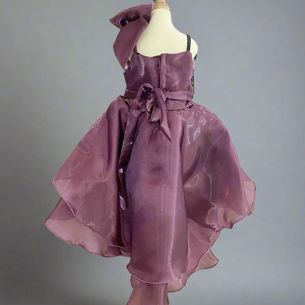 back view of wine fancy baby girl frock 