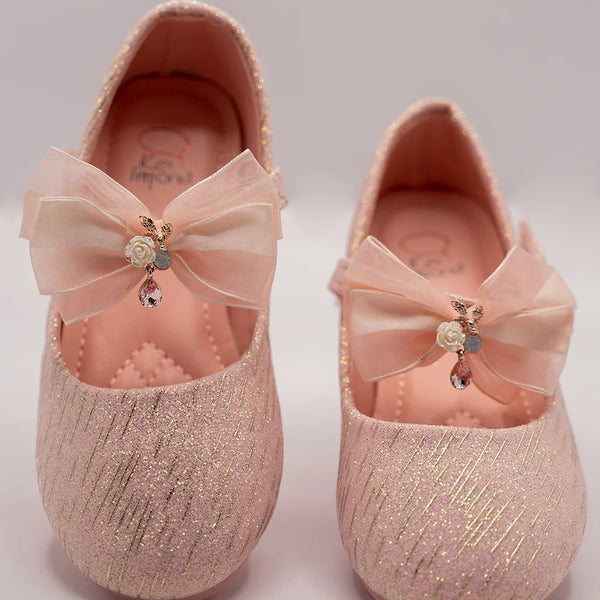 Infant girls’ pink glitter slip-on shoes with organza bow and floral embellishment, Jaipur