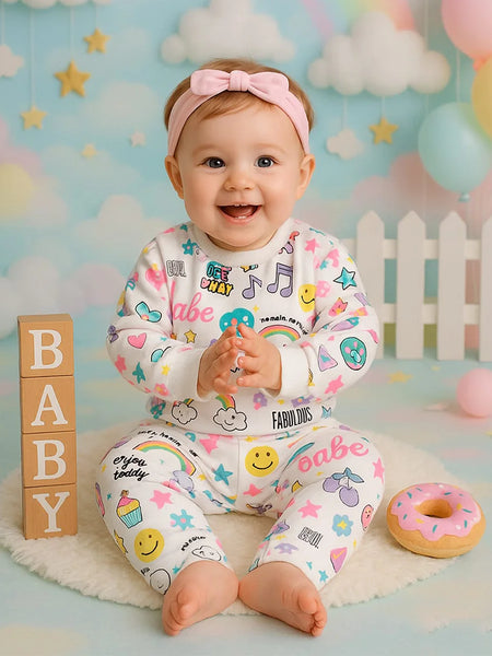 Baby in colorful pajamas with various patterns and text, sitting on a soft surface with a playful background.