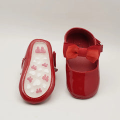 Infant girls' glossy red dress flats featuring twin ribbon bows and buckle closure, Jaipur

