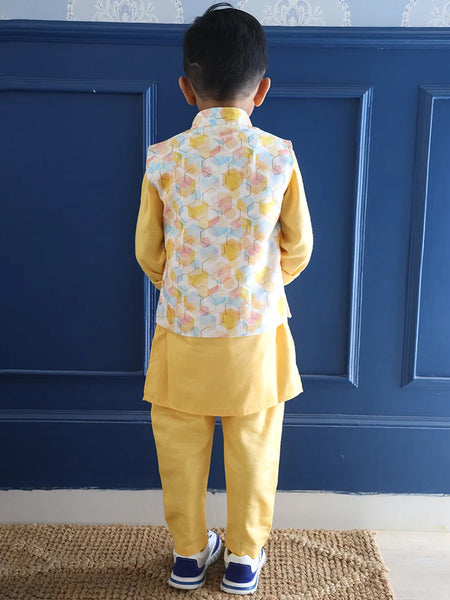 Premium cotton yellow kurta waistcoat set for children, Jaipur boutique