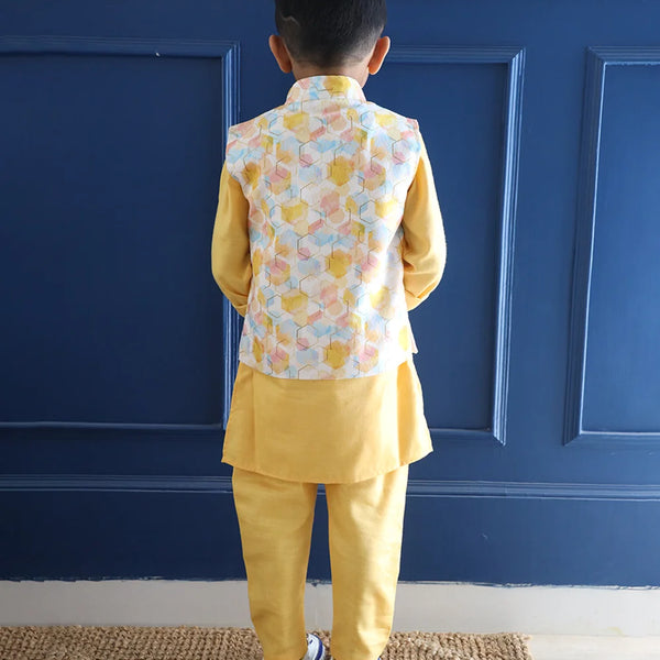 Premium cotton yellow kurta waistcoat set for children, Jaipur boutique