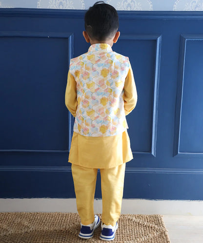 Premium cotton yellow kurta waistcoat set for children, Jaipur boutique