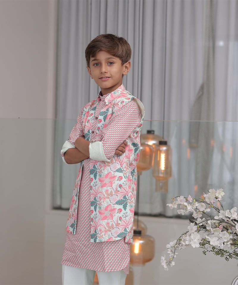 Floral print jacket kurta pyjama for toddler boys, Jaipur kids shop