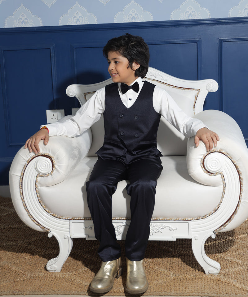 Boys navy velvet tuxedo set with waistcoat for events Jaipur fashion shop 