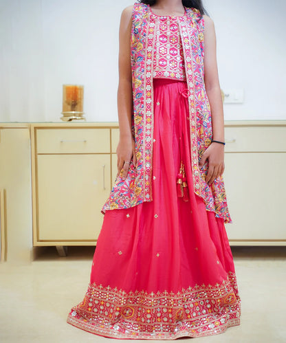 Jaipuri lehenga for girl, tomato color shrug set, perfect for baby girl wedding Jaipur