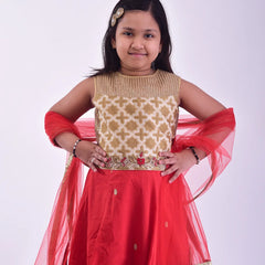 Jaipuri printed lehenga for girls, golden embroidery and self-printed choli, ideal for festive occasions