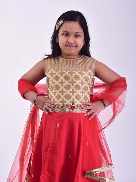 Jaipuri printed lehenga for girls, golden embroidery and self-printed choli, ideal for festive occasions